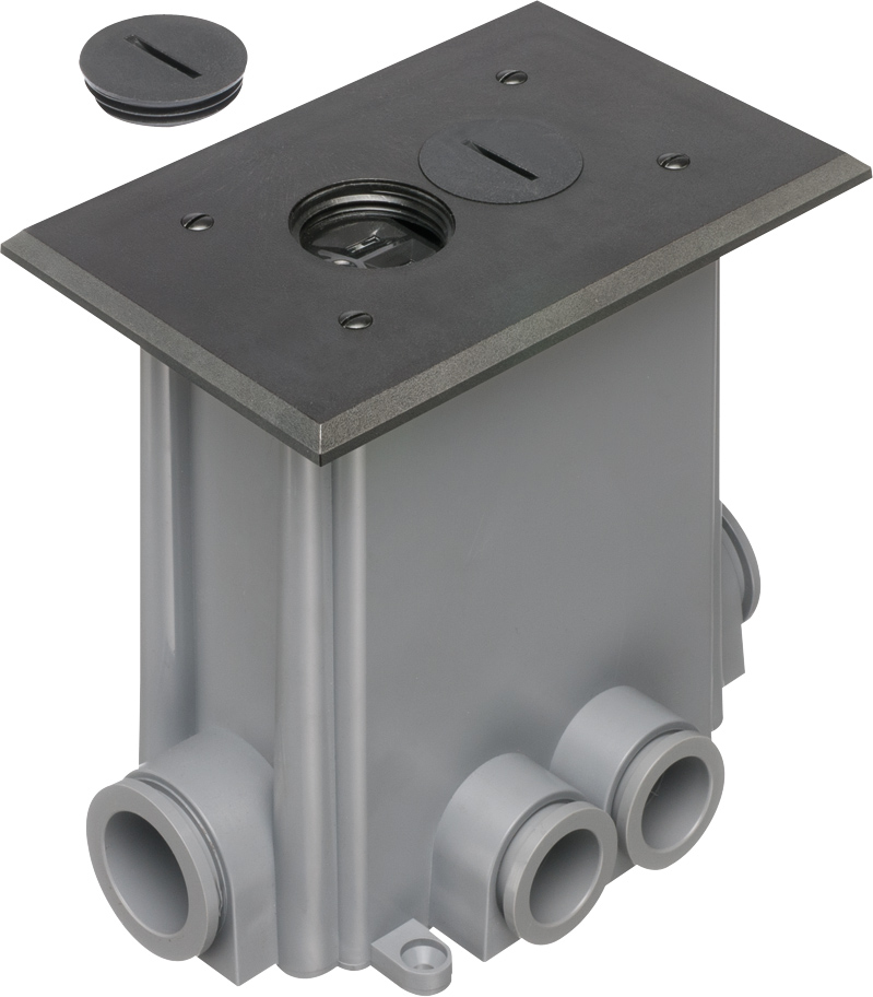 Non Metallic concrete floor box with non metallic covers for new concrete pours. Black with Threaded plugs.Includes Box, Mud Cover, Four 3-1/4 plugs, two 1