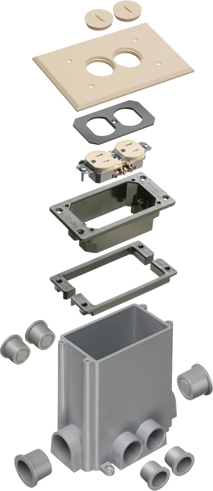 Non Metallic concrete floor box with non metallic covers for new concrete pours. Light Almond with Threaded plugs.Includes Box, Mud Cover, Four 3-1/4 plugs, two 1