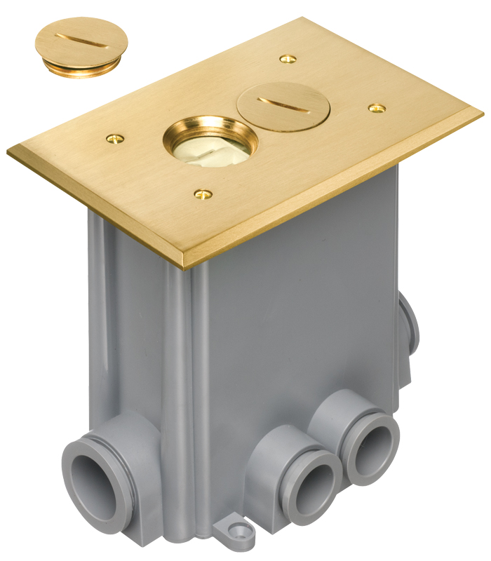 Metallic concrete floor box with non metallic covers for new concrete pours. Brass with Threaded plugs.Includes Box, Mud Cover, Four 3-1/4 plugs, two 1