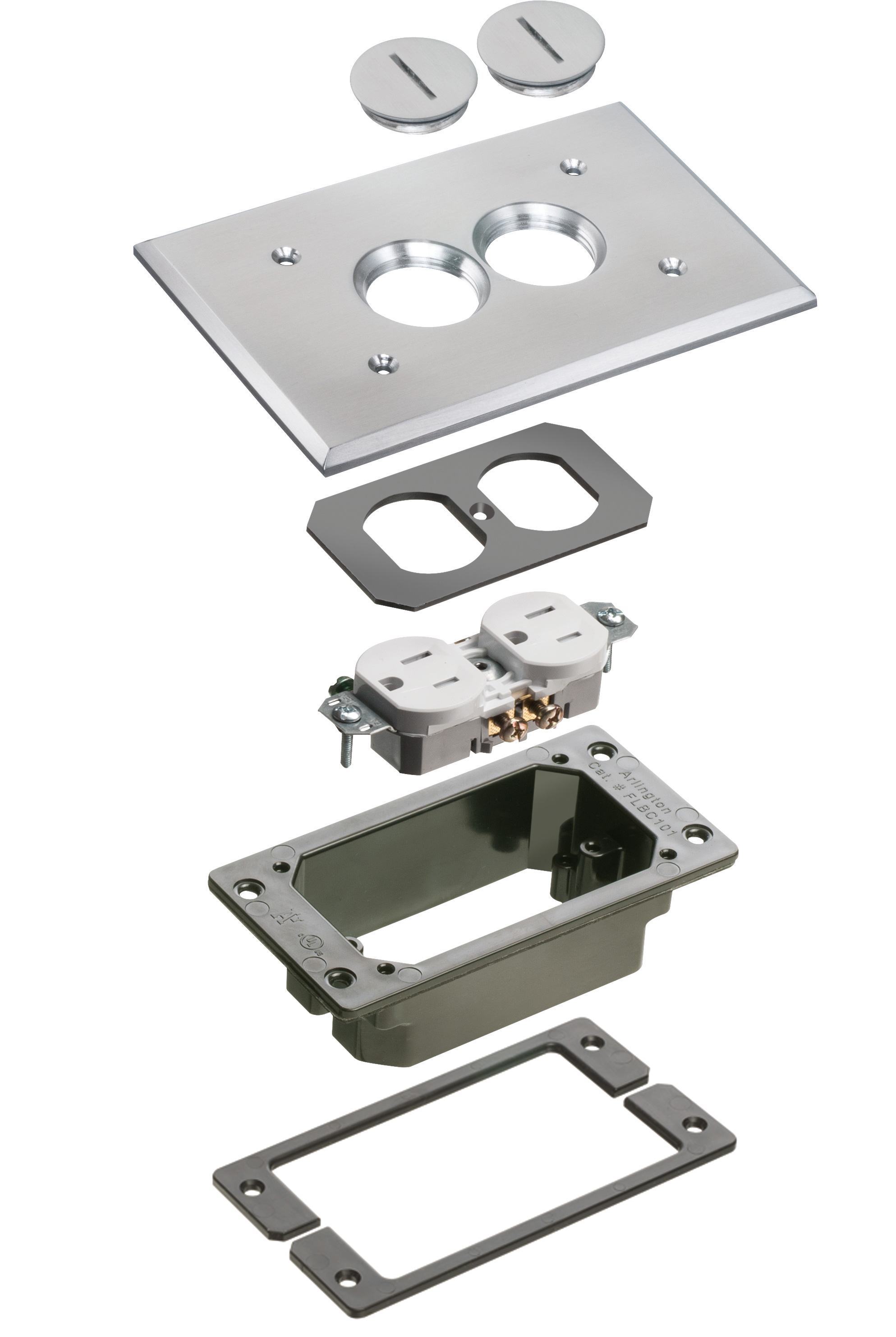 Trim kits for Arlington's Metallic concrete floor boxes. Nickel.