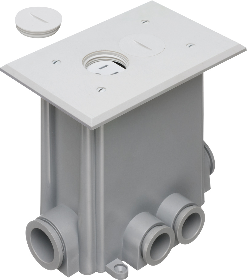 Non Metallic concrete floor box with non metallic covers for new concrete pours. White with Threaded plugs.Includes Box, Mud Cover, Four 3-1/4 plugs, two 1