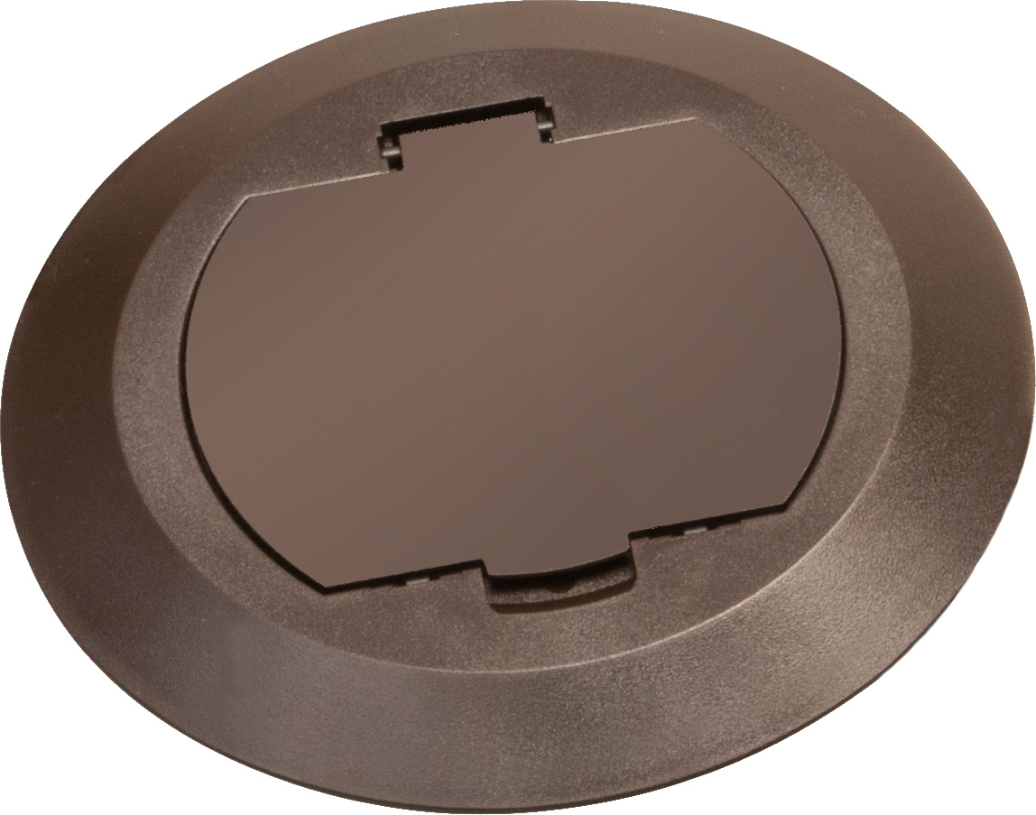 Round Plastic cover kits with one flip lid. Includes round plastic gasketed cover, mounting plate and leveling ring. Brown.