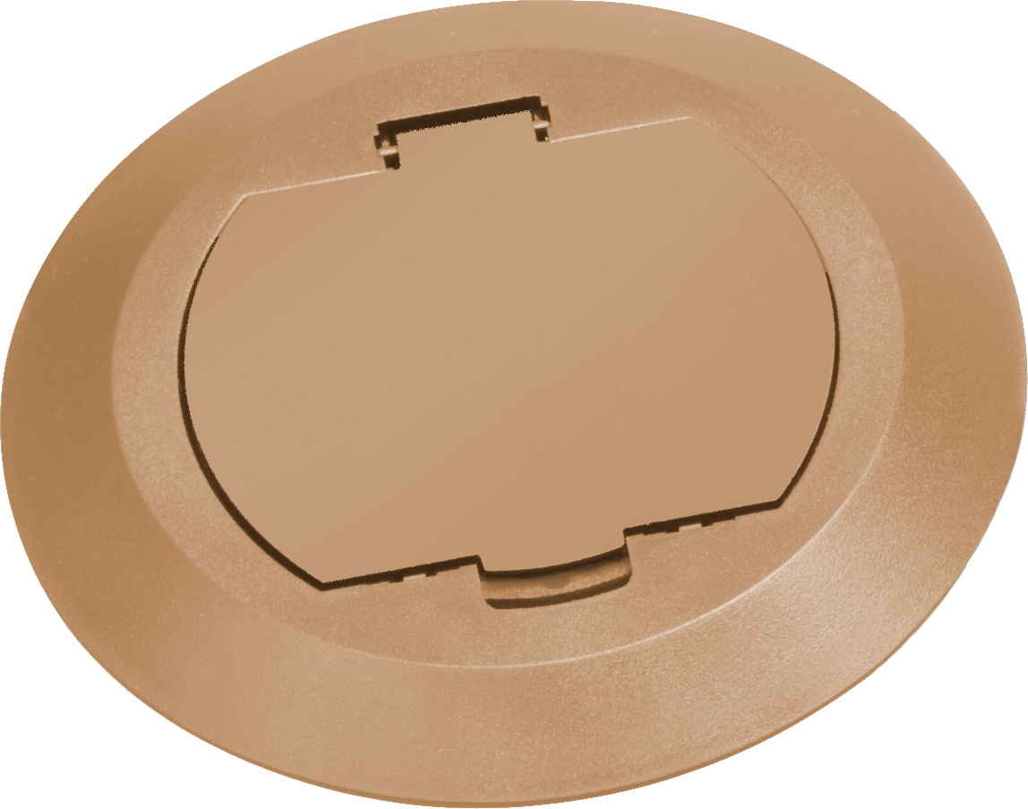 Round Plastic cover kits with one flip lid. Includes round plastic gasketed cover, mounting plate and leveling ring. Caramel.