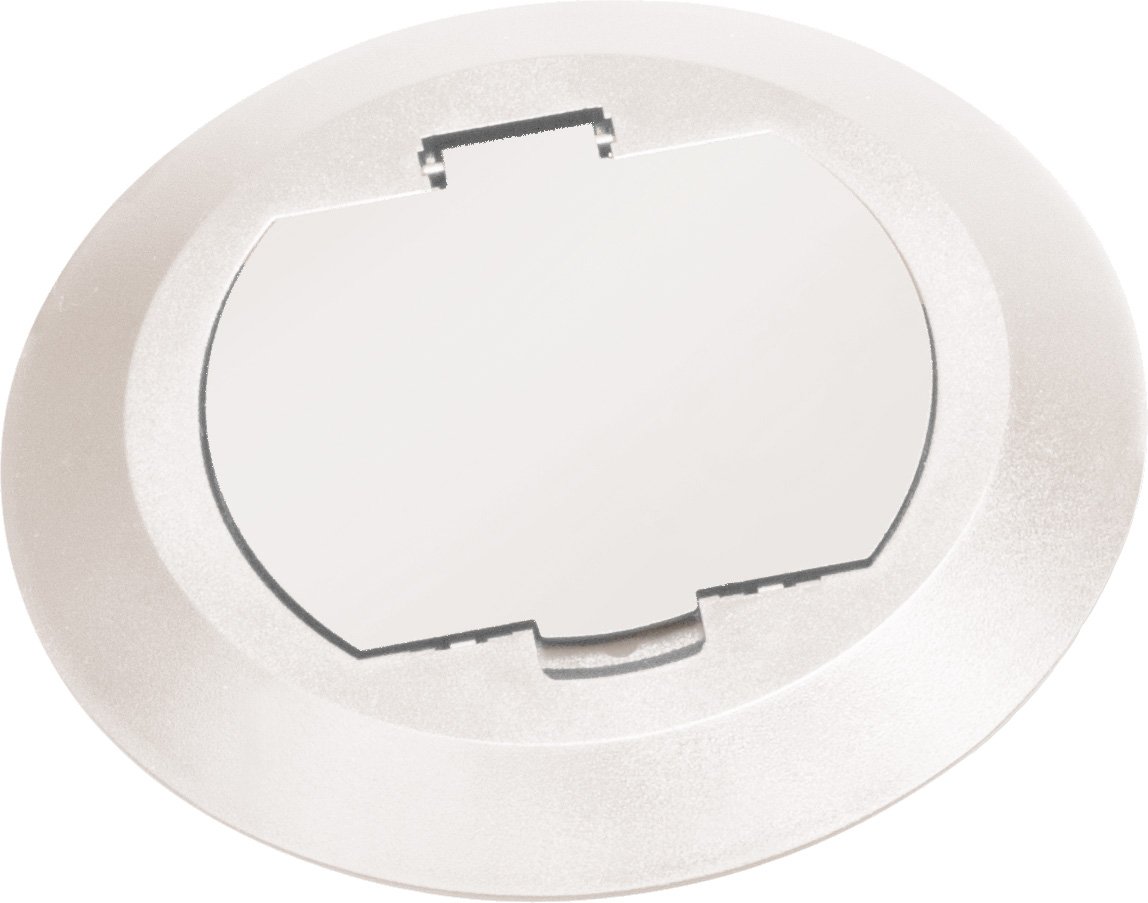 Round Plastic cover kits with one flip lid. Includes round plastic gasketed cover, mounting plate and leveling ring. White.
