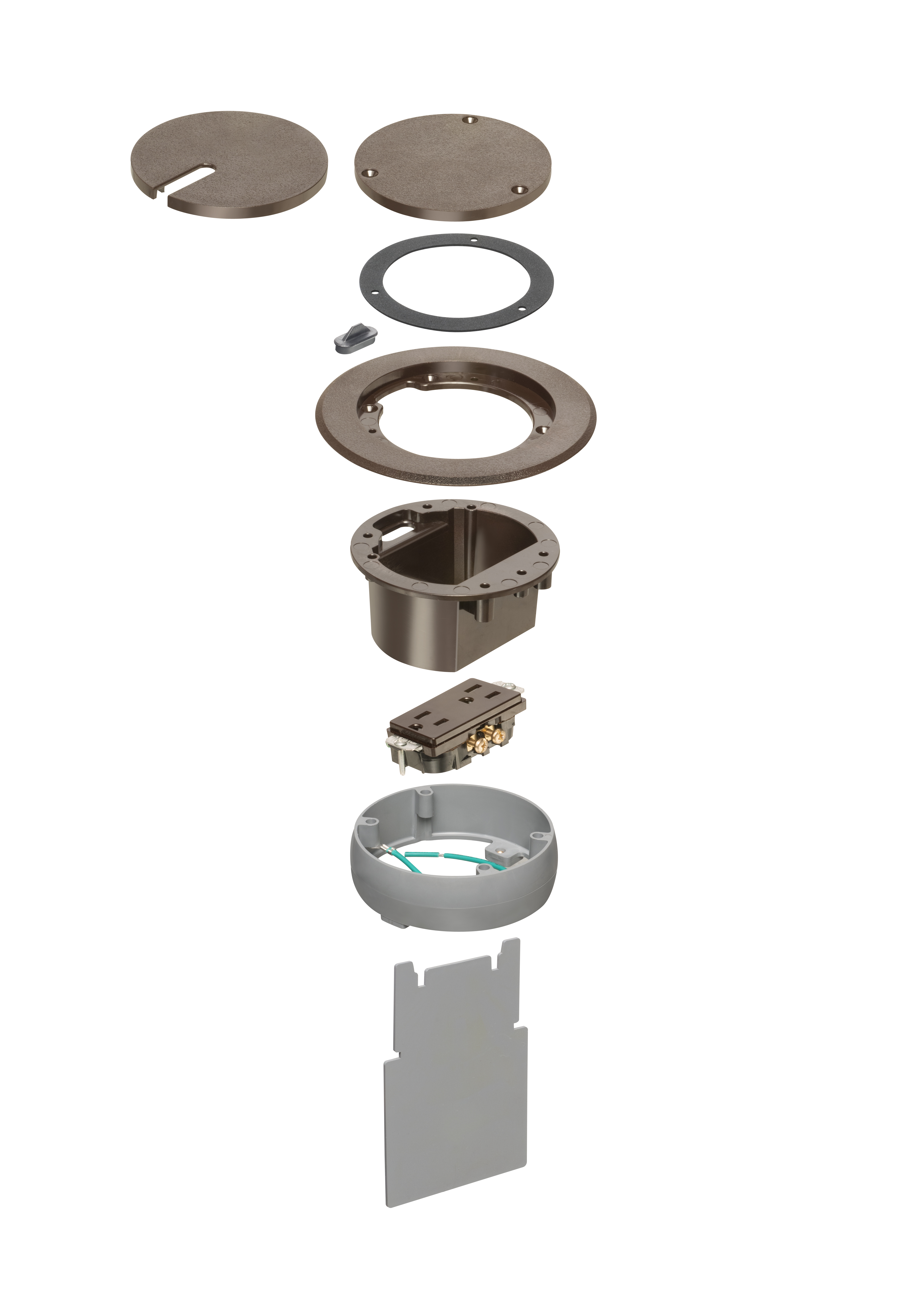 IN BOX cover kit. recessed receptacle and low voltage keystone for new concrete. Installs in Arlington's FLBC4500 and FLBC4502 box. Non metallic. Color Brown.