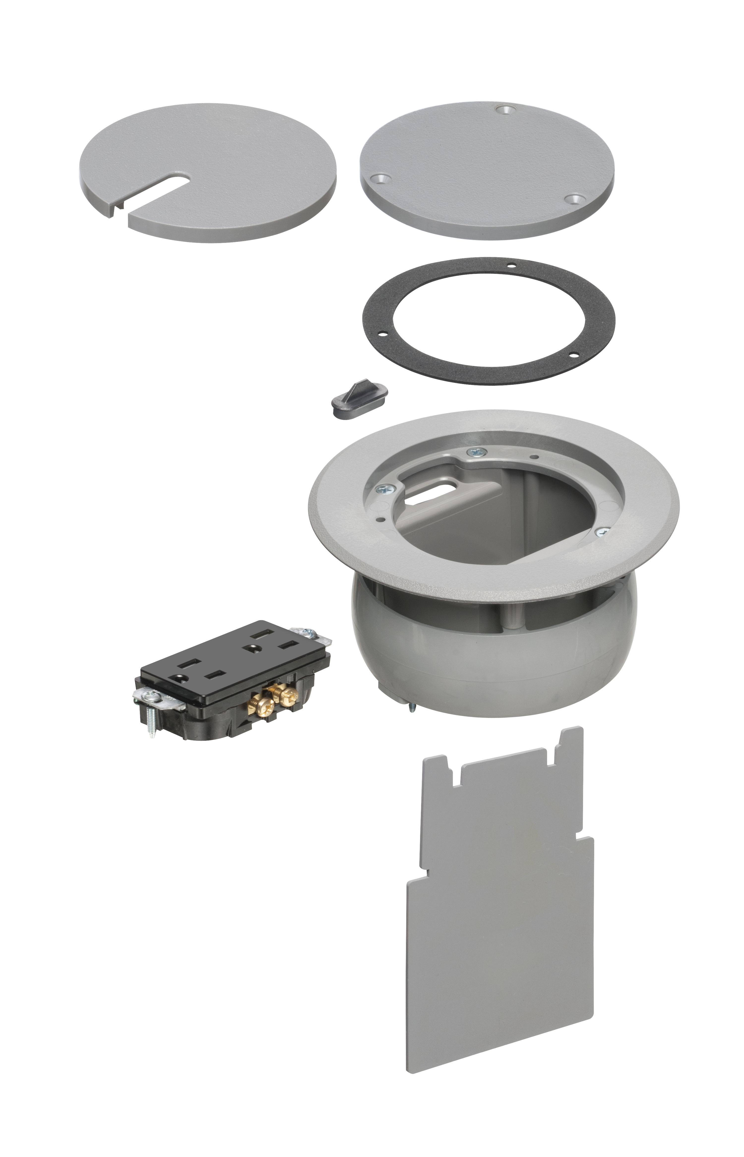 IN BOX cover kit. recessed receptacle and low voltage keystone for new concrete. Installs in Arlington's FLBC4500 and FLBC4502 box. Non metallic. Color Gray.