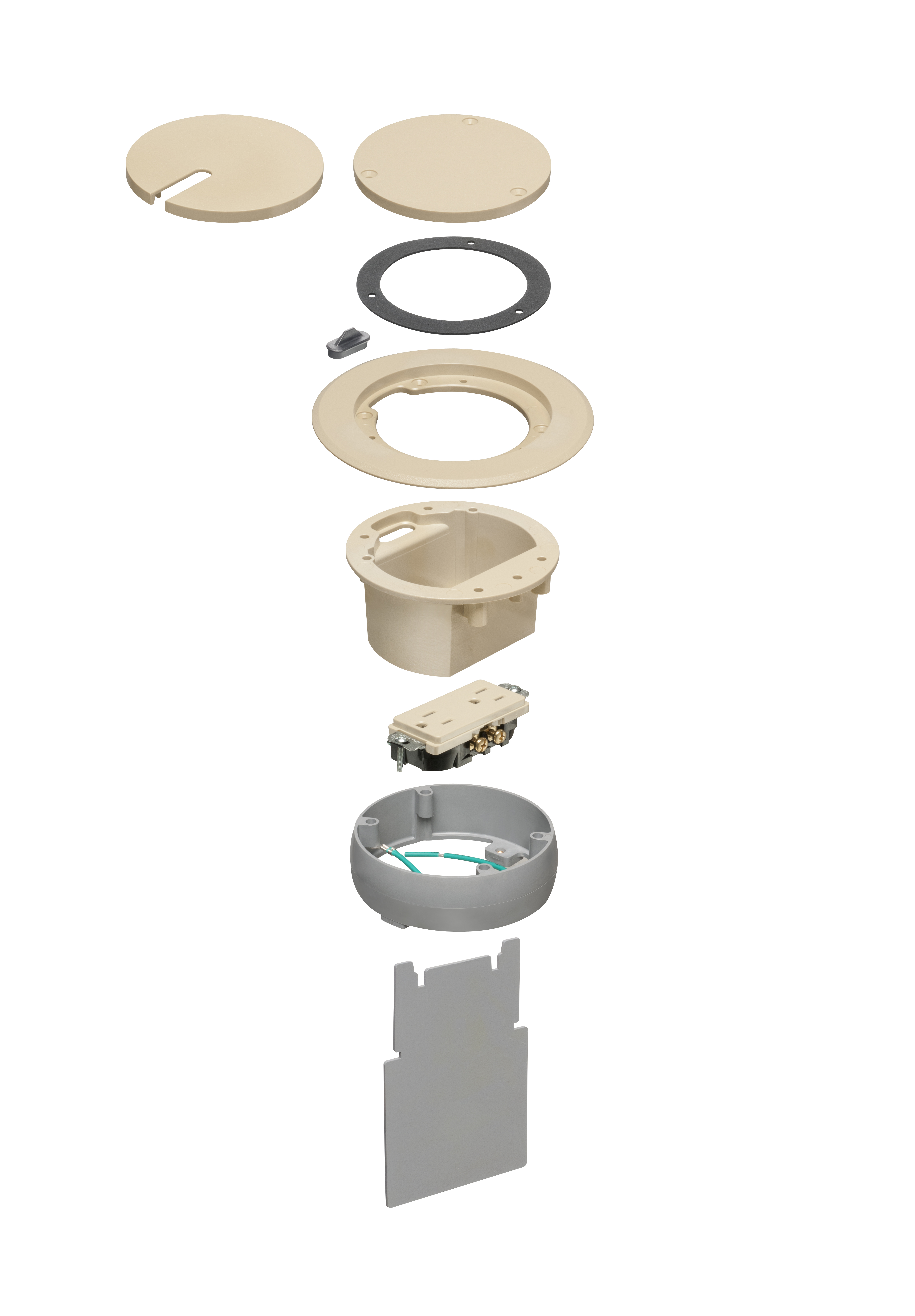 IN BOX cover kit. recessed receptacle and low voltage keystone for new concrete. Installs in Arlington's FLBC4500 and FLBC4502 box. Non metallic. Color Light Almond.
