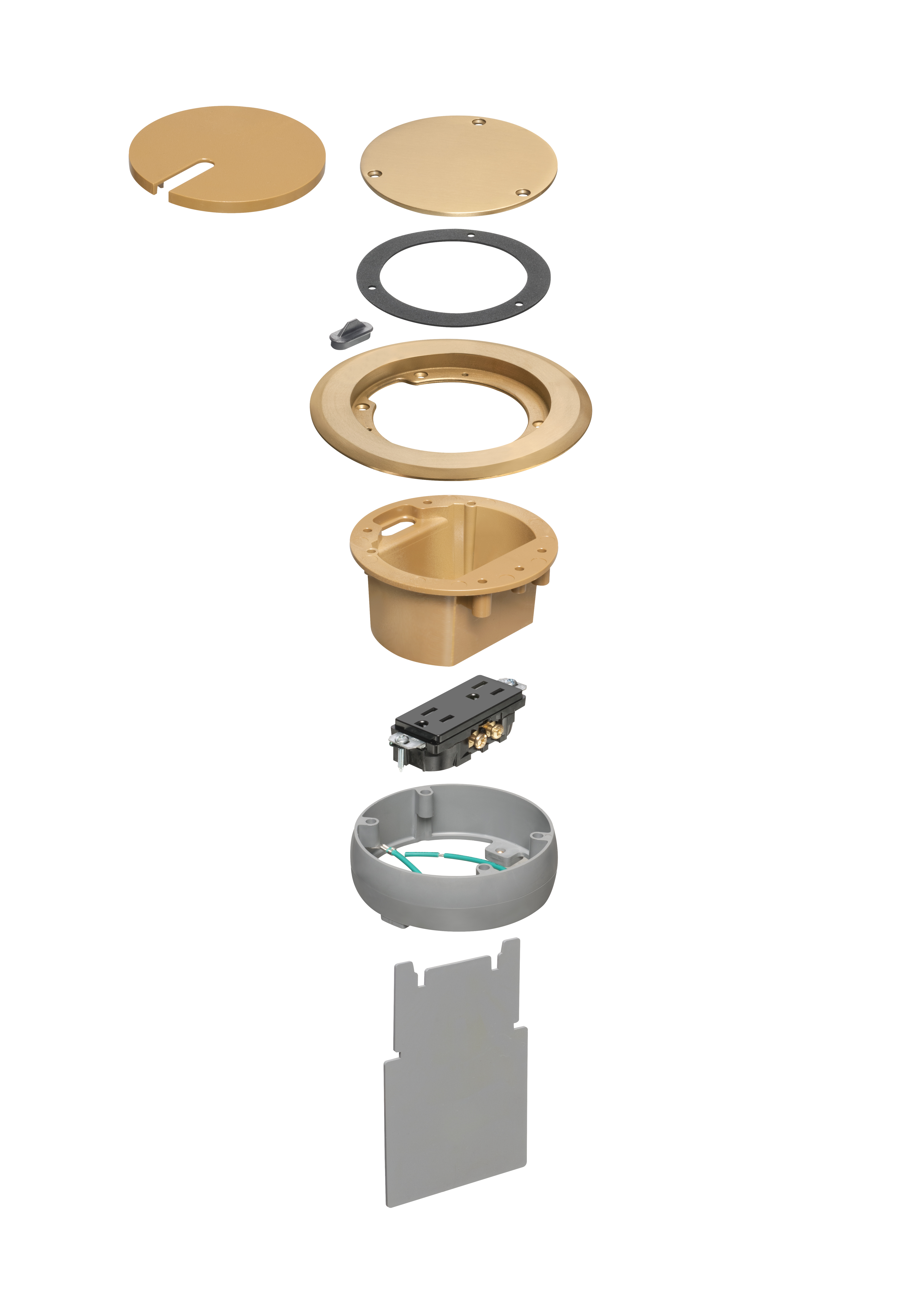 IN BOX cover kit. recessed receptacle and low voltage keystone for new concrete. Installs in Arlington's FLBC4500 and FLBC4502 box. Metallic Brass Cover.