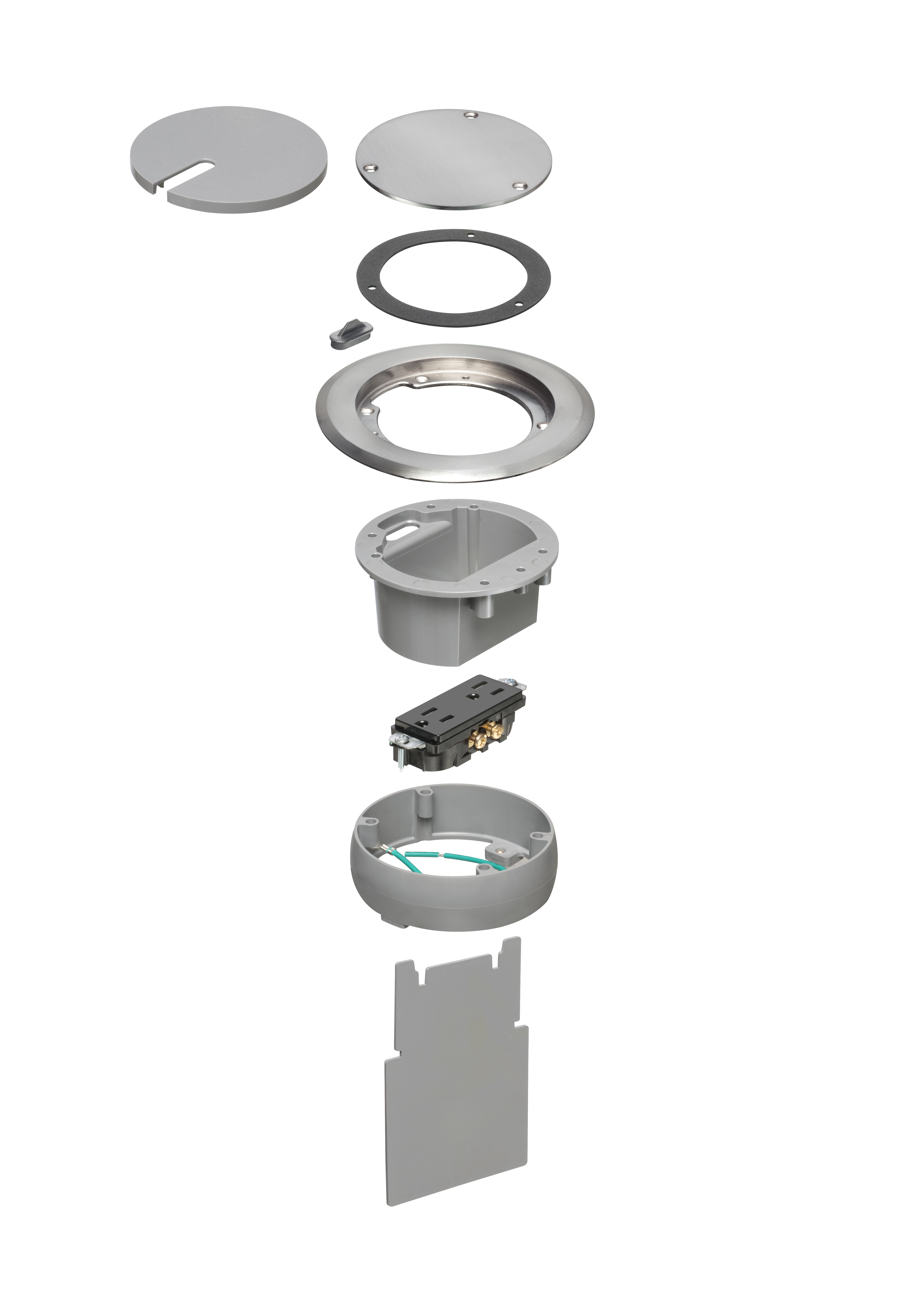 IN BOX cover kit. recessed receptacle and low voltage keystone for new concrete. Installs in Arlington's FLBC4500 and FLBC4502 box. Metallic Nickel Cover.