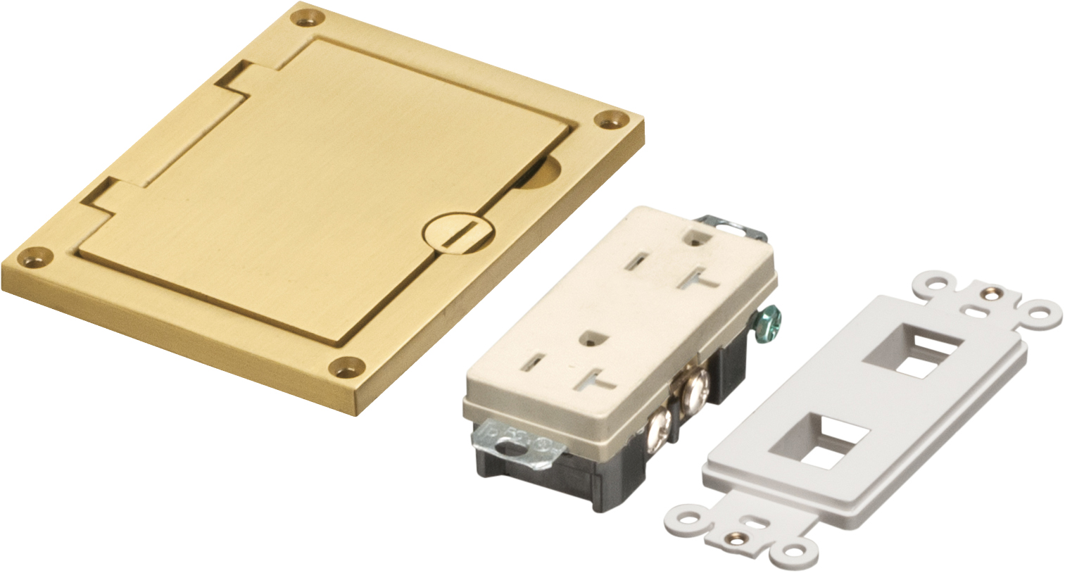 Brass single gang cover kit with Flip lid cover. Includes (1) 20A decorator style receptacle, (1) gasket.