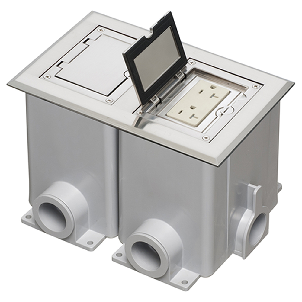Nickel two gang frame kit with Flip lid cover. Includes (2) 20A decorator style receptacle, (2) gasket, low voltage insert and installation screws.. Flip lid cover can be opened in any direction.