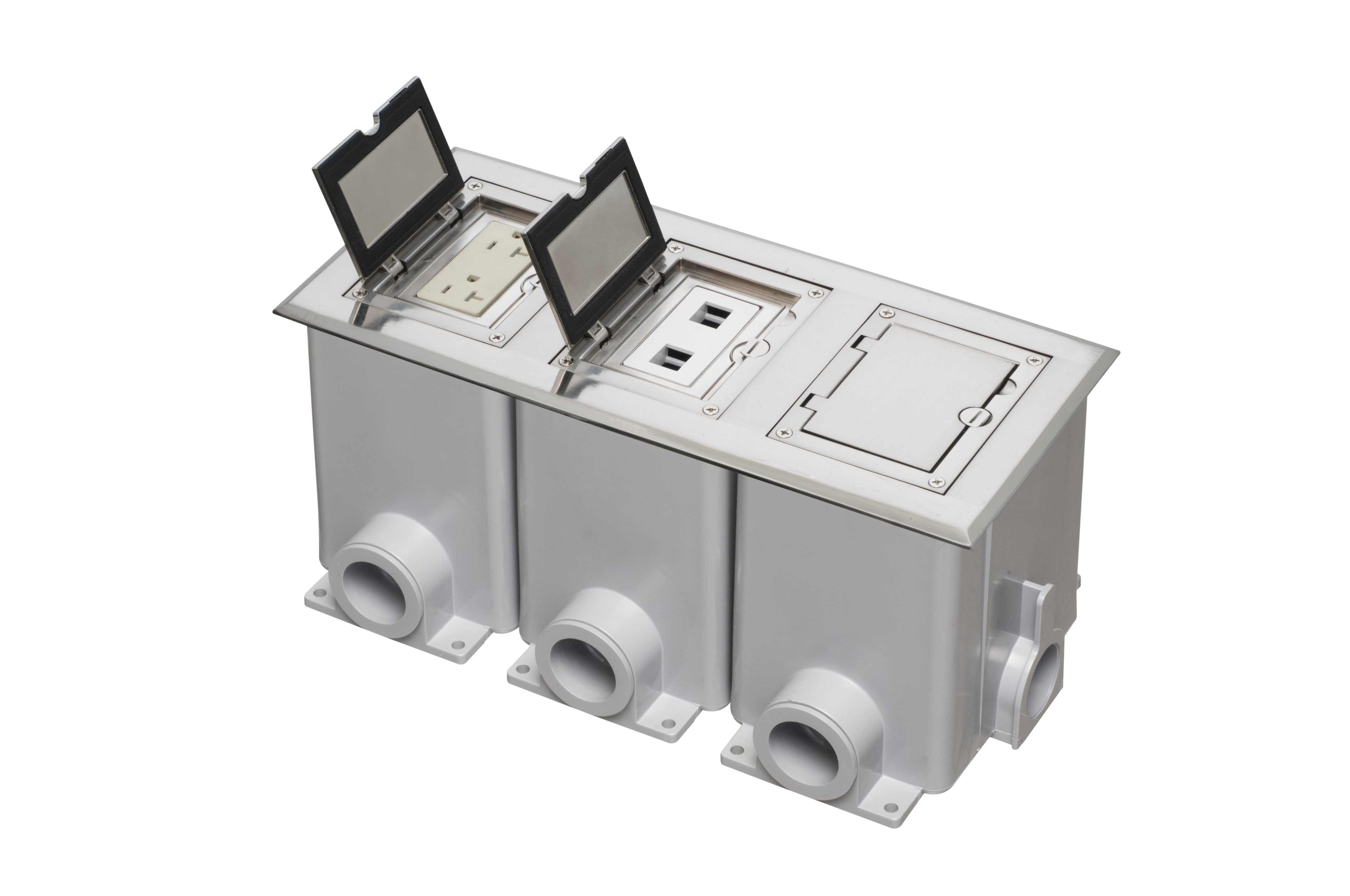 Nickel three gang frame kit with Flip lid cover. Includes (3) 20A decorator style receptacle, (3) gasket, low voltage insert and installation screws. Flip lid cover can be opened in any direction.