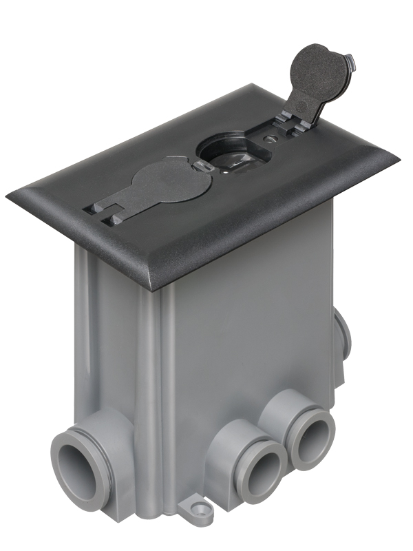 Non Metallic concrete floor box with non metallic covers for new concrete pours. Black with flips lids. Includes Box, Mud Cover, Four 3-1/4 plugs, two 1