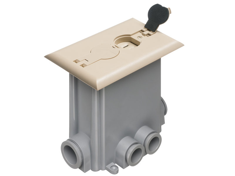 Non Metallic concrete floor box with non metallic covers for new concrete pours. Light Almond with flips lids. Includes Box, Mud Cover, Four 3-1/4 plugs, two 1