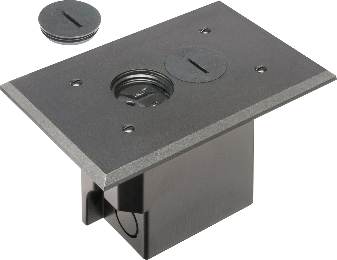 Non Metallic Box with non metallic covers for existing floors. Rectangular gasketed, non metallic black cover with threaded plugs.