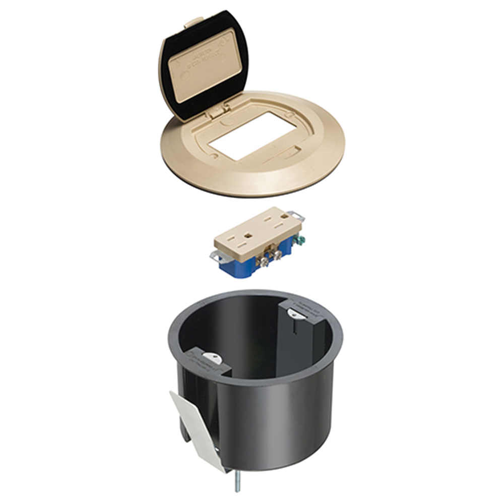 One piece non metallic box with steel bracket and plastic cover. Color Light Almond. Comes with decorator style receptacle and a single flip lid.
