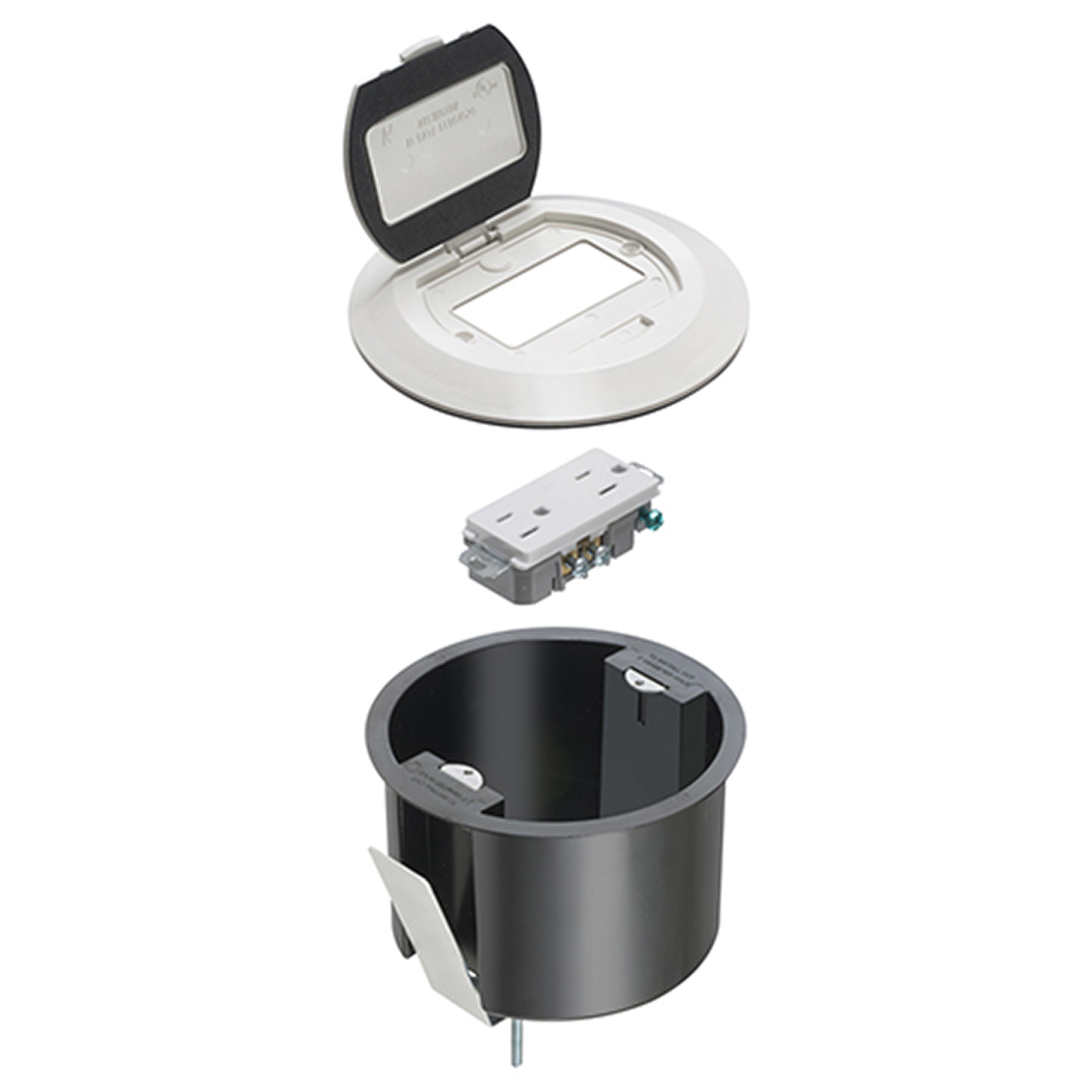 One piece non metallic box with steel bracket and plastic cover. Color White. Comes with decorator style receptacle and a single flip lid.