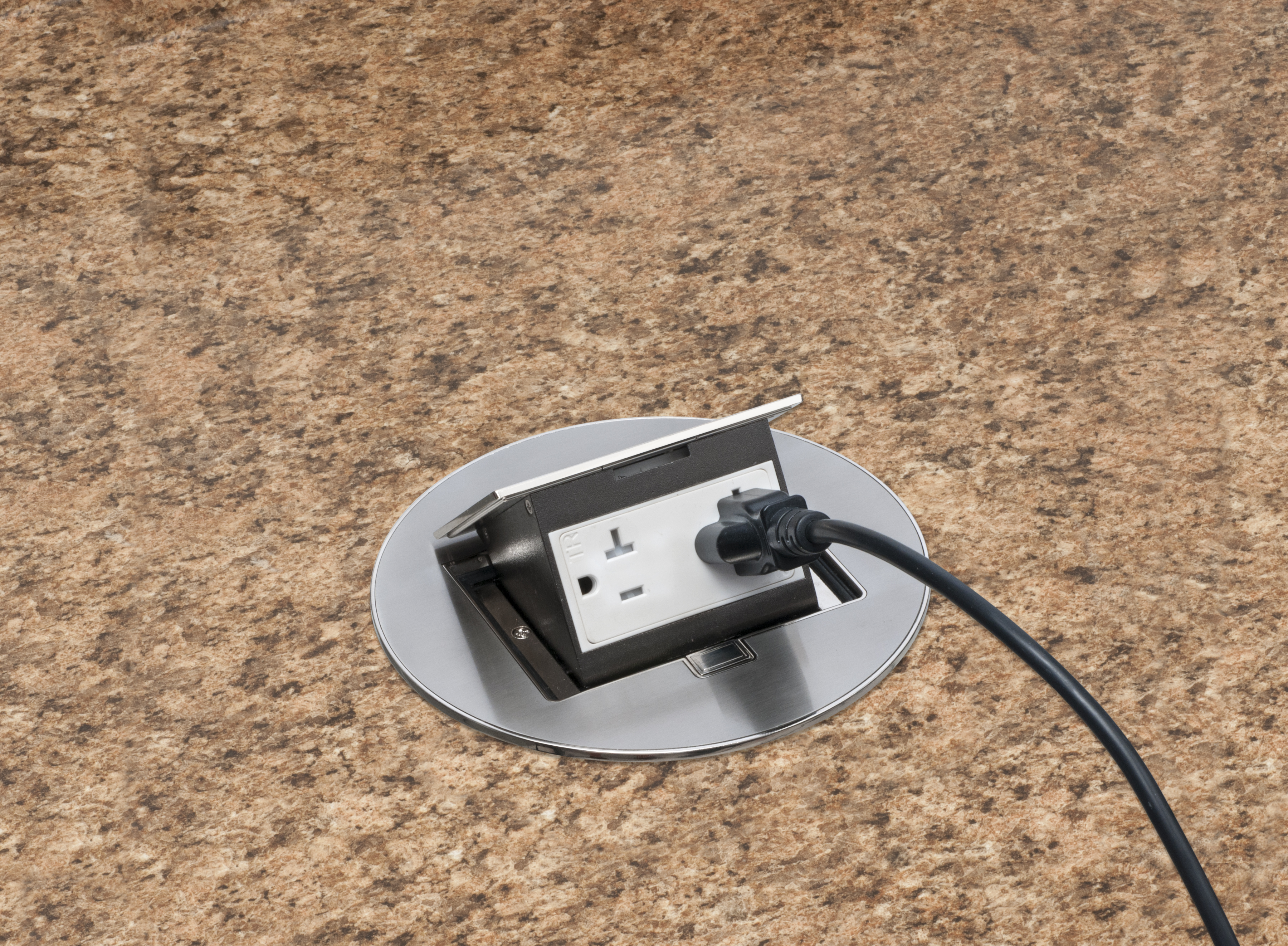 Round stainless steel counter top box. Comes with a 20 amp tamper resistant decorator style receptacle.