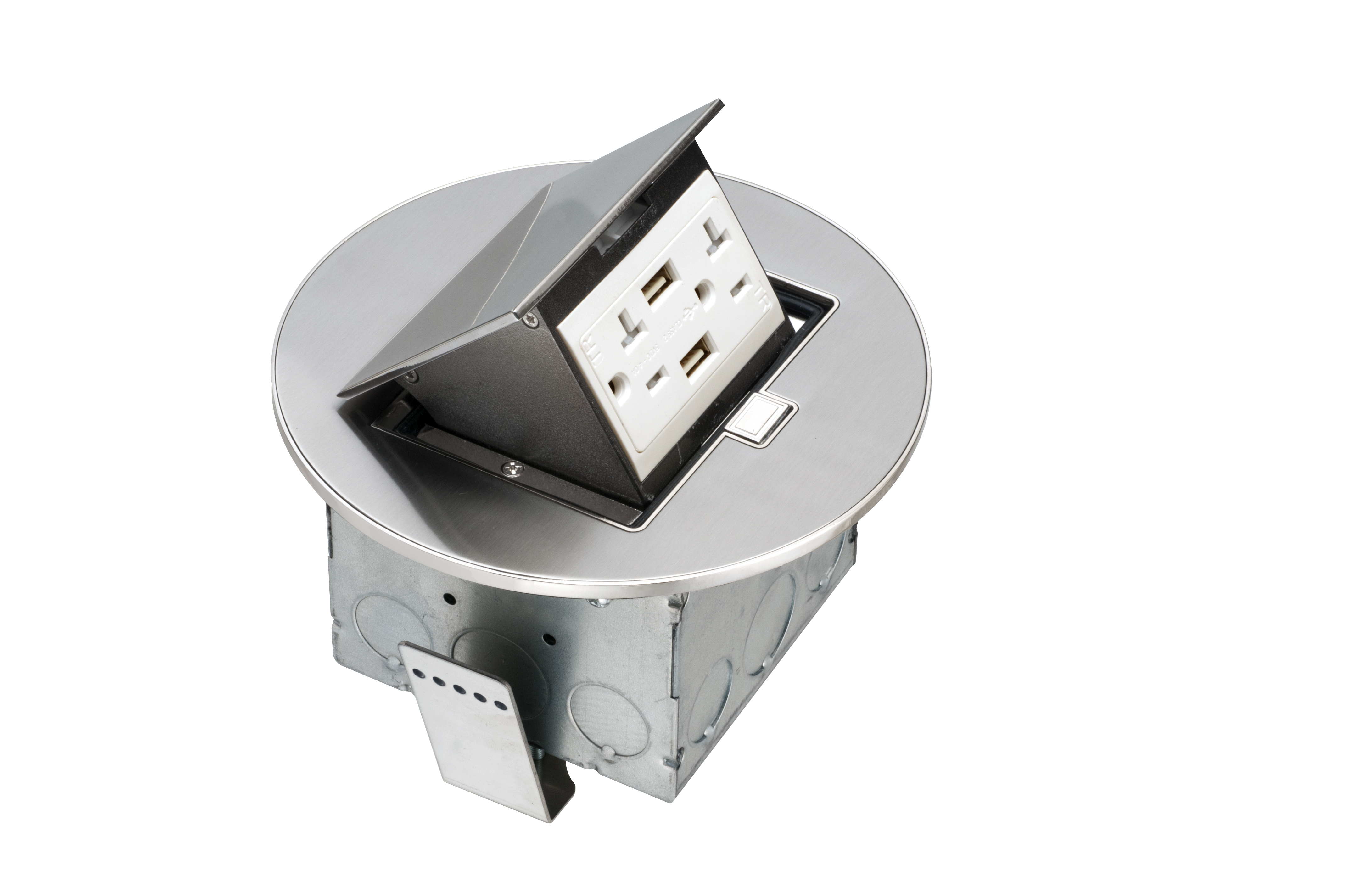 Round stainless steel counter top box. Comes with a 20 amp tamper resistant decorator style receptacle with (2) USB ports.