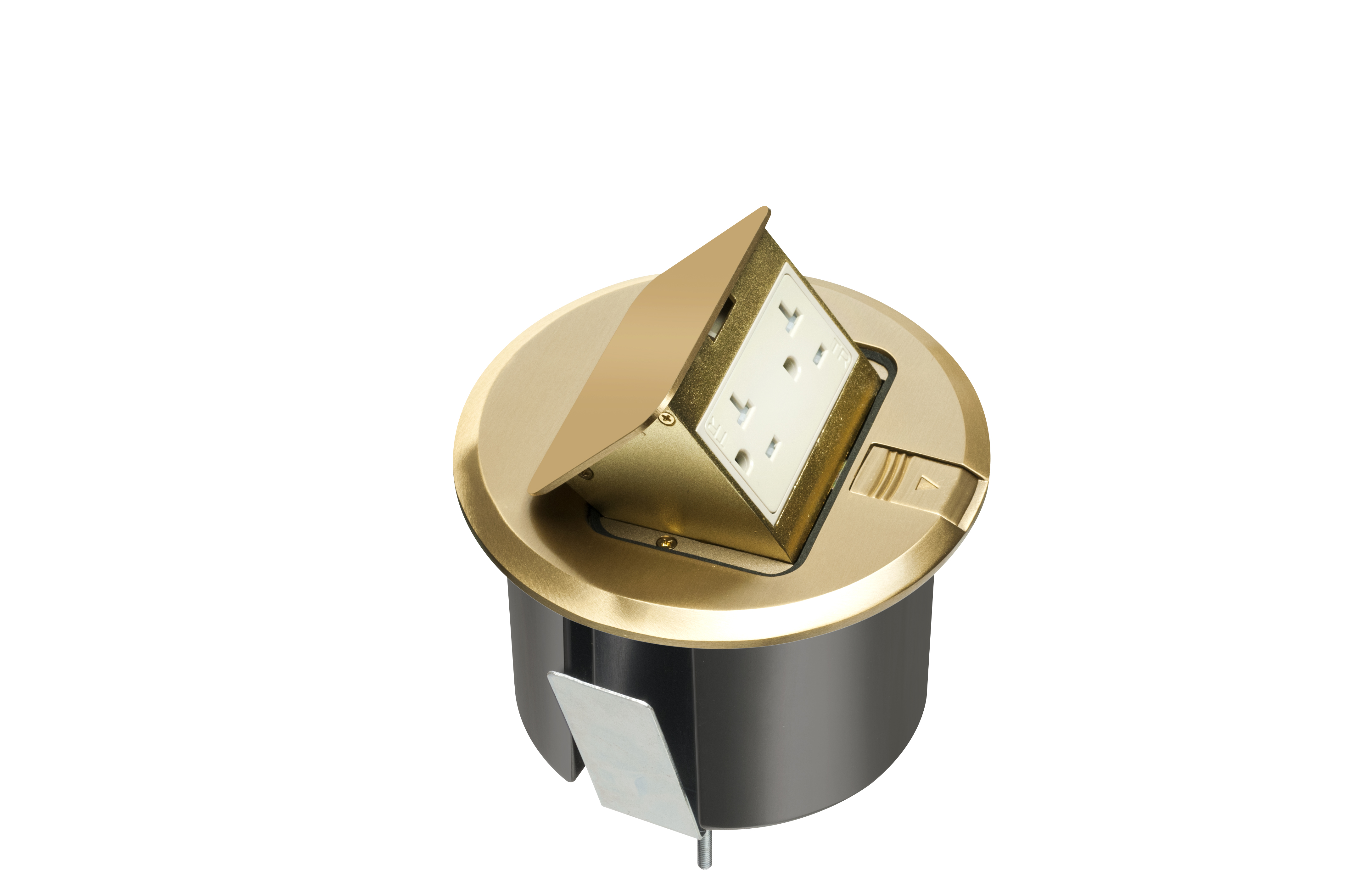Pop up counter top box kit with round brass cover. With Round plastic box. Comes with 20 amp decorator style tamper resistant receptacle.