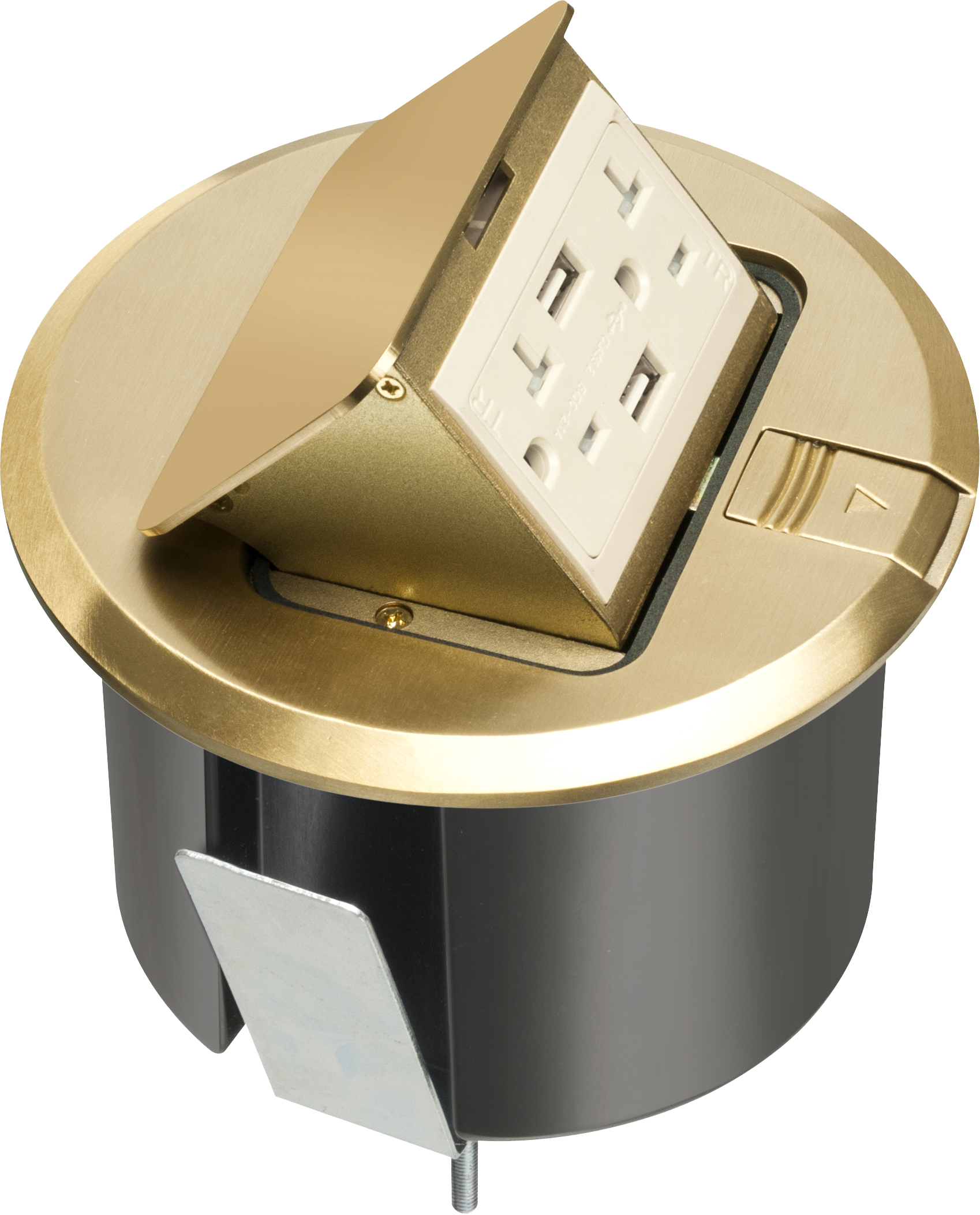 Pop up counter top box kit with round brass plated cover. With Round plastic box. Comes with 20 amp decorator style tamper resistant receptacle with (2) USB ports.