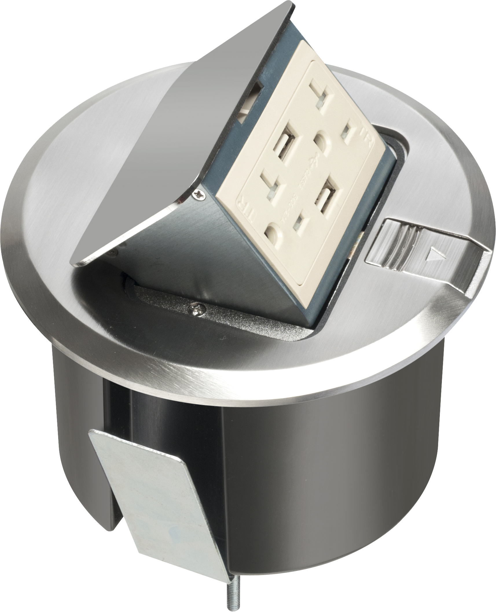 Pop up counter top box kit with round nickel plated cover. With Round plastic box. Comes with 20 amp decorator style tamper resistant receptacle with (2) USB ports.