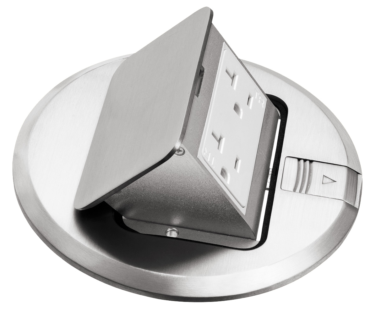 Brass Pop up receptacle cover. Decorator style 15amp receptacle. metallic nickel.