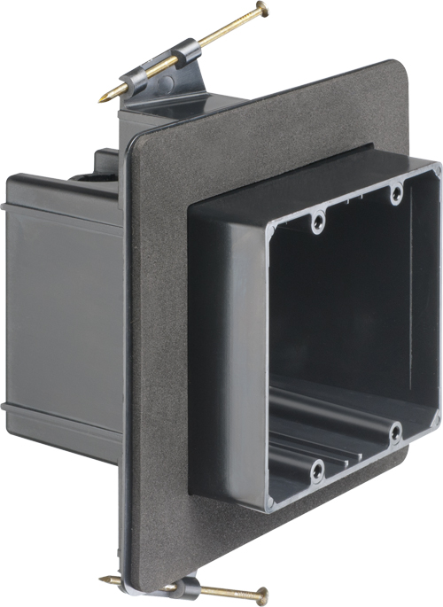 Versatile non conductive outlet box for new construction, two gang nail on for double drywall. 53 cu inches.