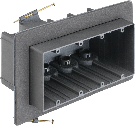 Versatile non conductive outlet box for new construction, four gang nail on for double drywall. 103.5 cu inches.