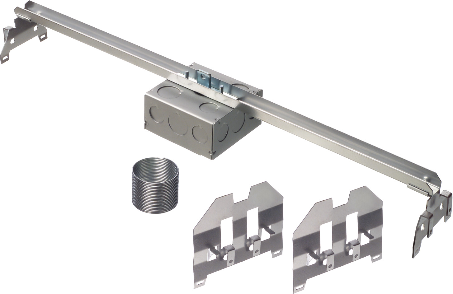 Steel fixtured box kit for suspended ceilings. With adjustable mounting bar. Preset for 24 in. Grid. Supports up to 50lb fixtures. 1-1/2 inch box depth, 30 cu. in. 4 in. square box.