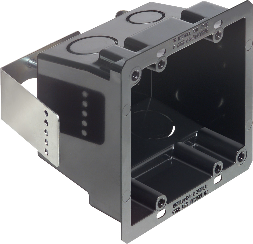 Non Metallic 4x4 box for retrofit construction. Screw hole patterns for 4x4 and two gang devices. Color Black. 27.5 cu. in. 2 Hour Fire Rating.6 lb rating for Walls, 10lb rating for ceilings.