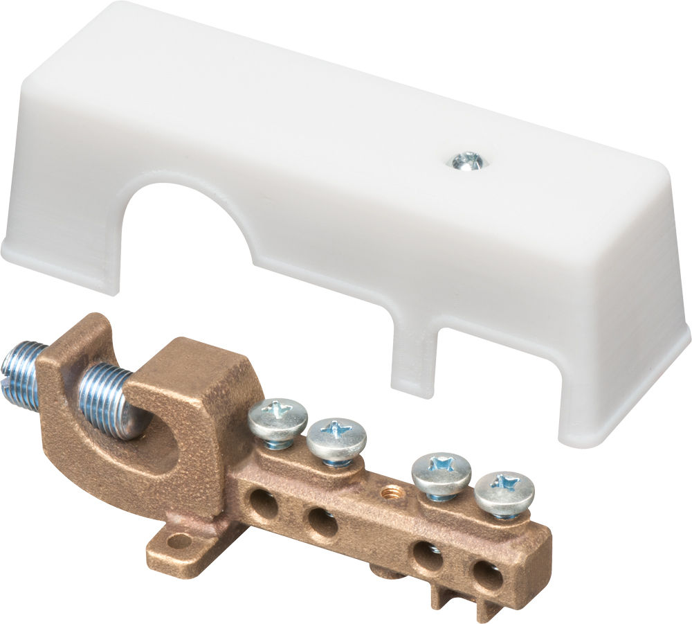 Intersystem grounding bridge, has 4 termination points, one more than required by the NEC. Cable range 4 termination points for #4 to #14 solid or stranded. Attaches to grounding conductor with lay in style lug with a cable range of #6 to 250MCM grounding wire solid or stranded. Bronze with white Cover.