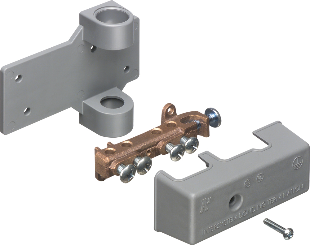 Intersystem grounding bridge, has 4 termination points, one more than required by the NEC. Cable range 4 termination points for #4 to #14 solid or stranded. Attaches to grounding conductor with lay in style lug with a cable range of #6 to #1/0 grounding wire solid or stranded. Bronze with white Cover. Comes with PVC adapter for 1/2