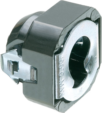 Screw-on flex connector with a non-metallic body and spring steel clip. Screws onto 3/8