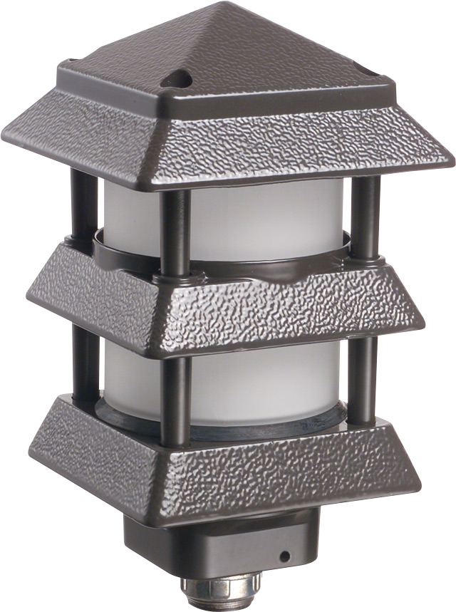 Pagoda style landscape light fixture. three wire fixtures for our Gard-N-Post line. Cast aluminum. Color Brown. Uses maximum a 40 watt halogen, 40 watt incandescent or a 14 watt fluorescent bulb. Not Included. Short Louvers allow for more of the lens to be seen.