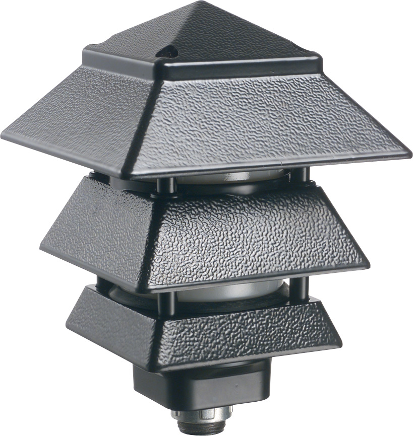 Pagoda style landscape light fixture. three wire fixtures for our Gard-N-Post line. Cast aluminum. Color Black. Uses maximum a 40 watt halogen, 40 watt incandescent or a 14 watt fluorescent bulb. Not Included. Larger Louvers allow for light to shine down.