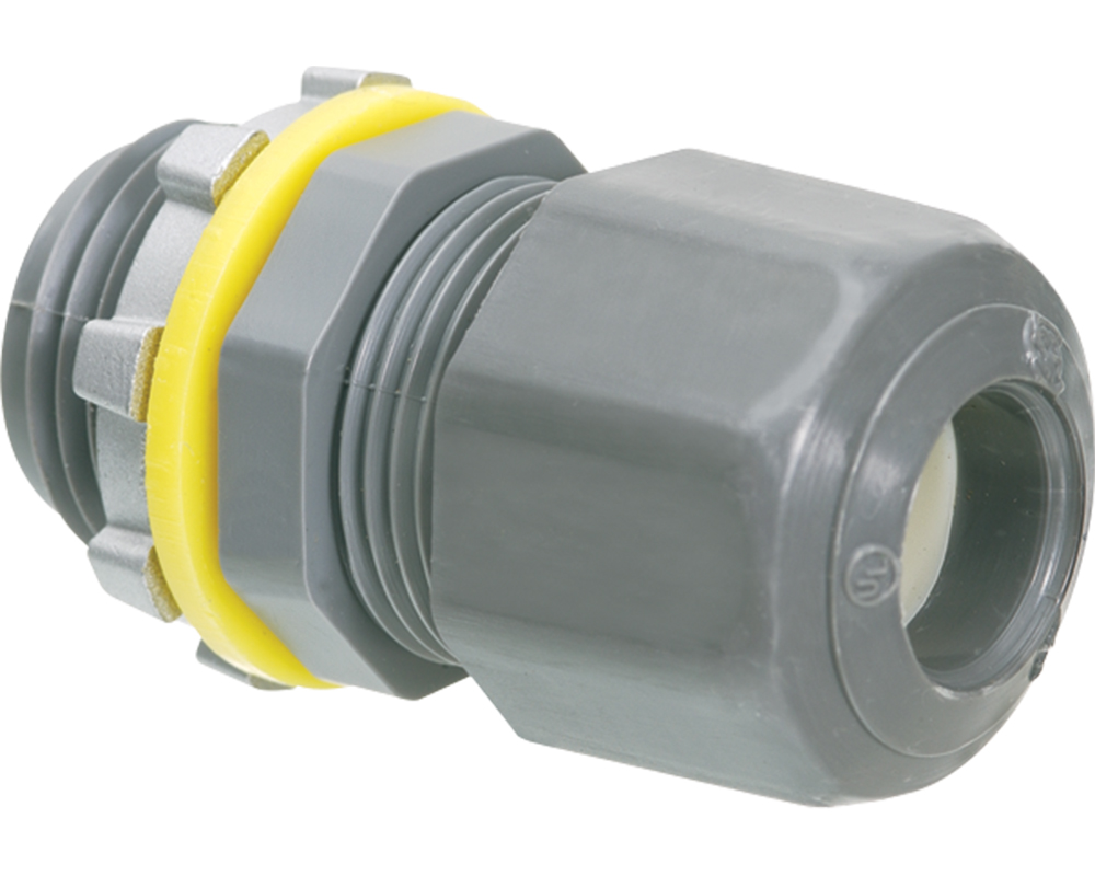 Low-profile non-metallic, liquid-tight, oil-tight, and black strain relief cord connector furnished with a sealing ring and locknut. Supports .200 to .472 cord range with a 1/2 inch trade size.