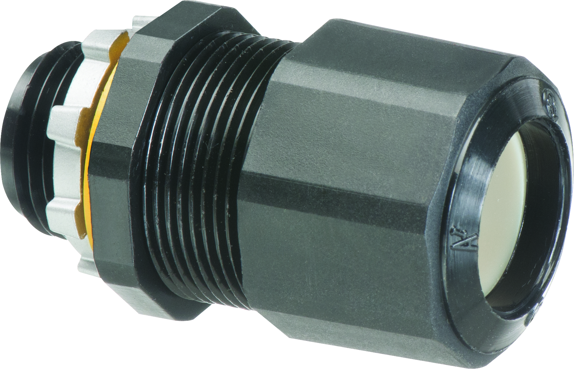 Low-profile non-metallic, liquid-tight, oil-tight, and black strain relief cord connector furnished with a sealing ring and locknut. Supports .385 to .600 cord range with a 1/2 inch trade size.