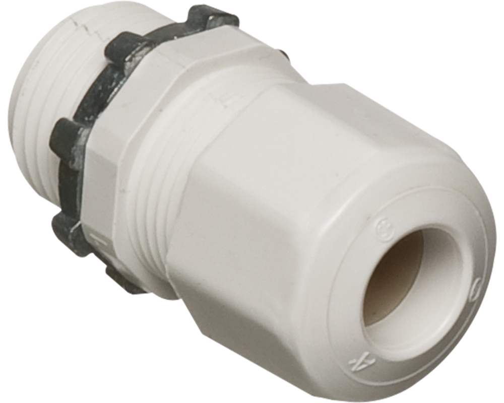 Low-profile non-metallic, liquid-tight, oil-tight, and white strain relief cord connector furnished with a sealing ring and locknut. Supports .200 to .472 cord range with a 1/2 inch trade size.