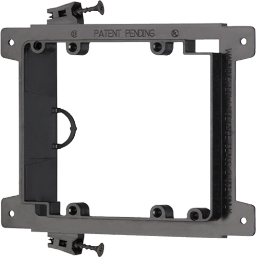 Screw On, Two gang, Low Voltage mounting bracket for new construction on wood studs. Built in loop to tie off cable.