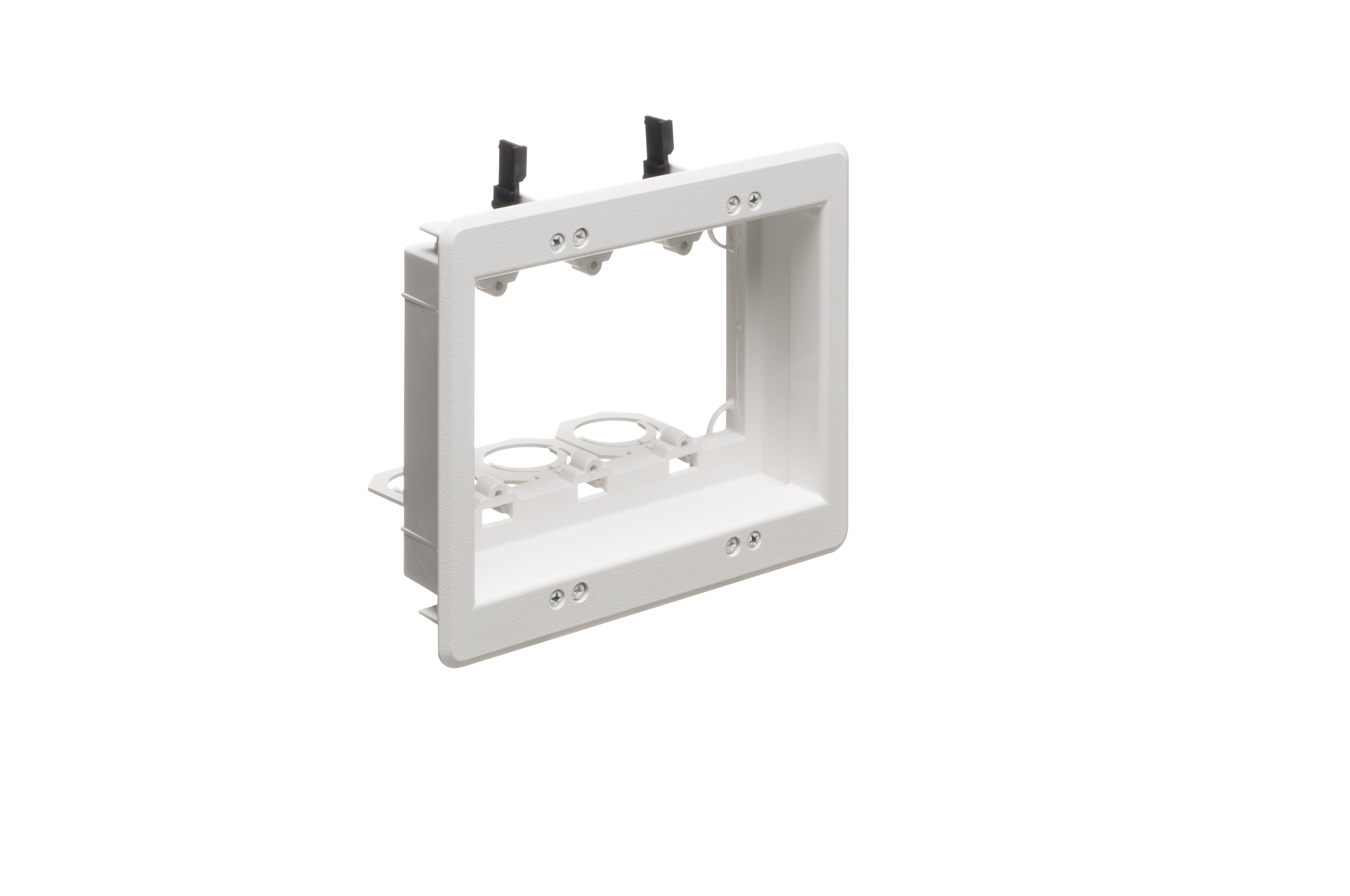 Recessed low voltage mounting bracket for old or new construction. Designed to install low voltage class 2 wiring only. White Paintable. Three Gang.