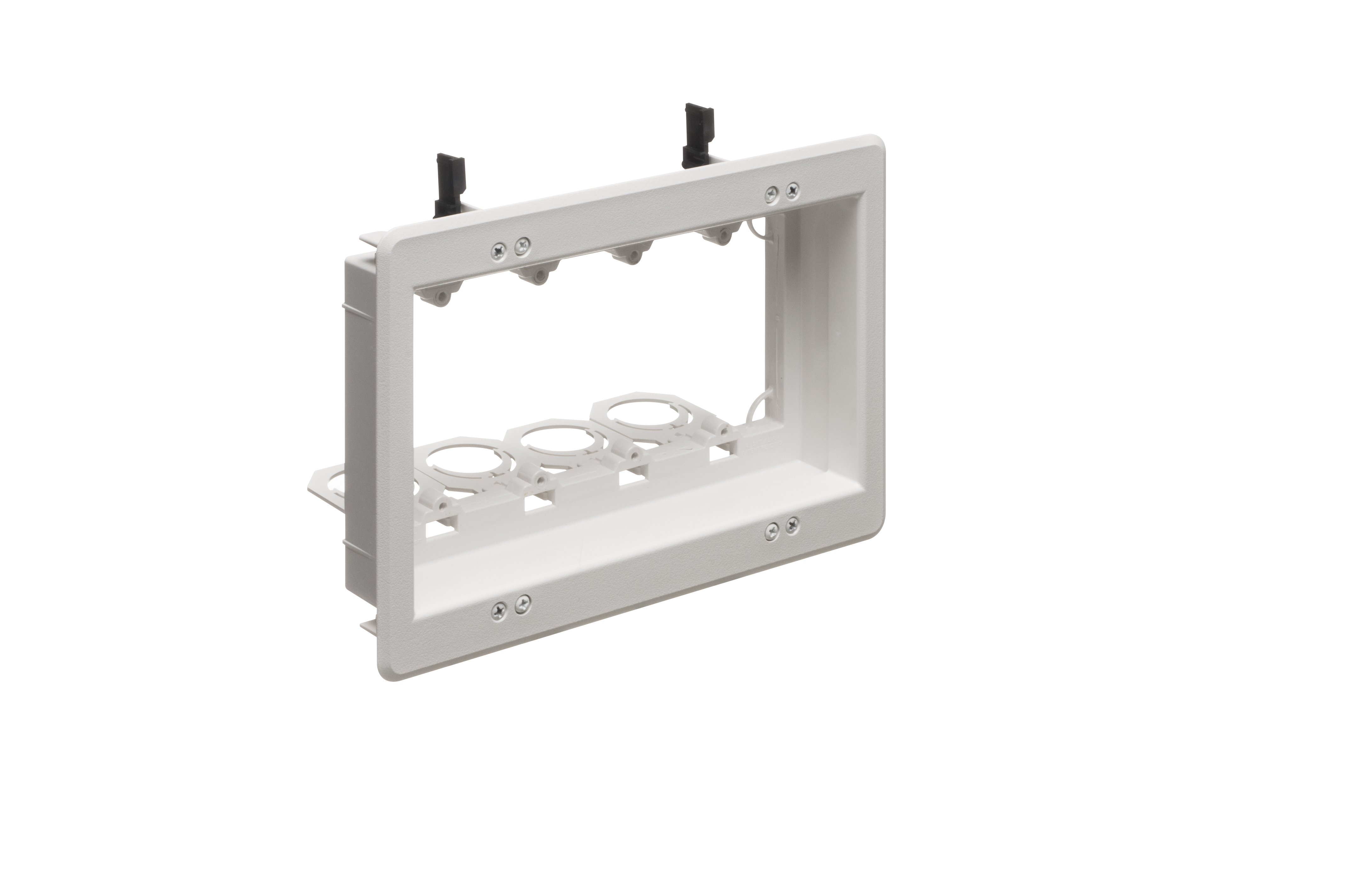 Recessed low voltage mounting bracket for old or new construction. Designed to install low voltage class 2 wiring only. White Paintable. Four Gang.