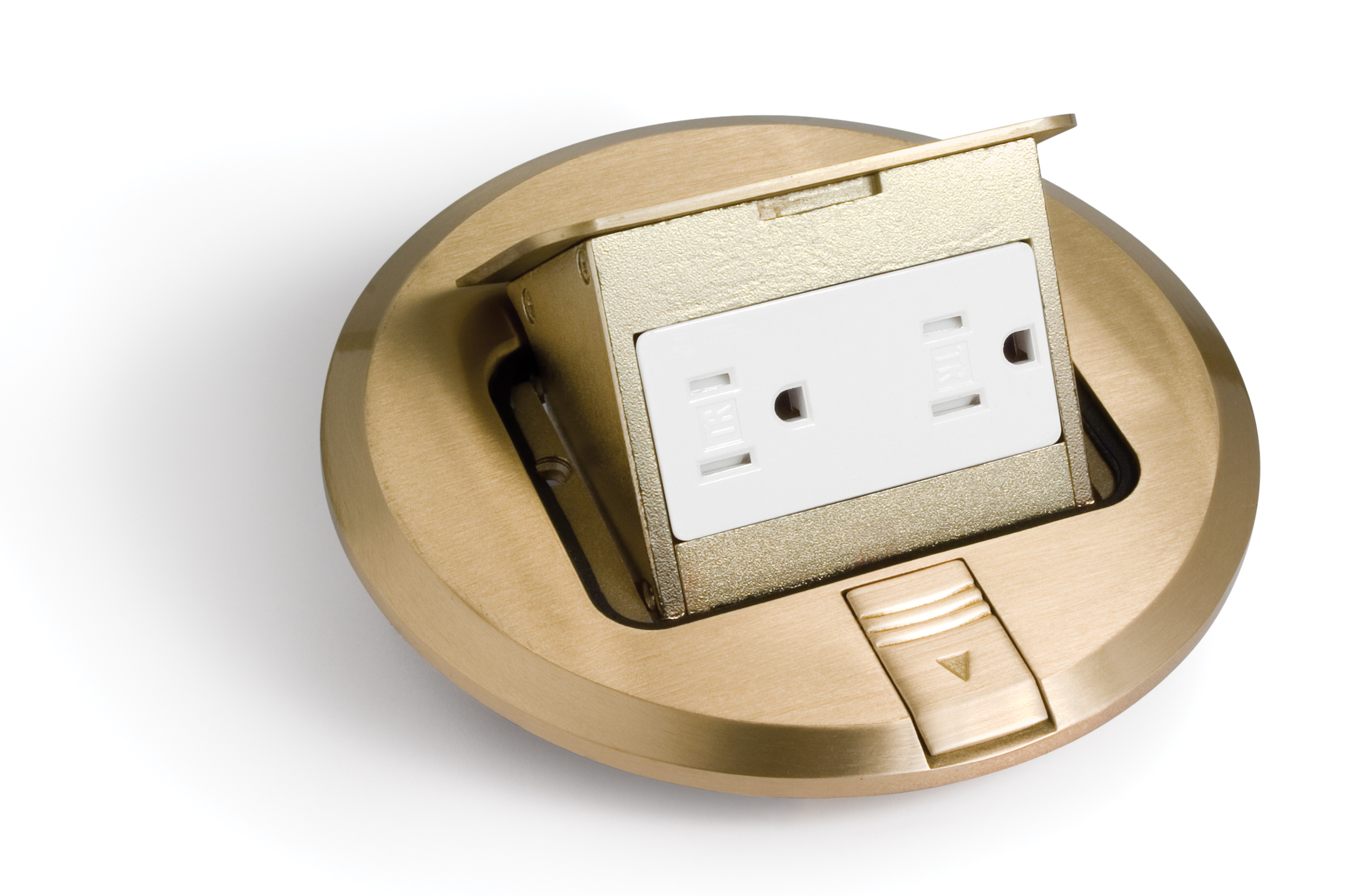 Pop Up Floor Plate, 2 outlets, Brass material, 6 Dia. in. Size, Gold, Scrub Water Tight construction, Floor Mount, including 15 AMP (TR) Decora Receptacle