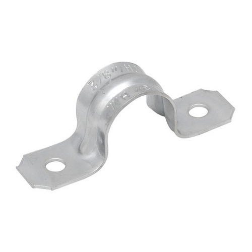 MADISON, 4 2-HOLE PIPE STRAP TWO HOLE RIGID STRAP FOR SUPPORTING EMT OR RIGID CONDUIT, GALVANIZED STEEL SNAP-ON FEATURE, REINFORCED RIB FOR ADDED STRENGTH BRIGHT ZINC ELECTROPLATED STEEL (1/2"-1") OR GALVANIZED STEEL (1-1/4"-4") 1/2" - 4" UL STEEL TYPE: GALVANIZED STEEL