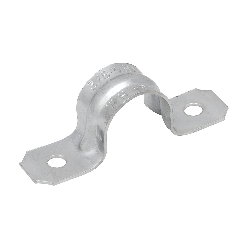 MADISON, 3/8 RIGID 2-HOLE STRAP TWO HOLE RIGID STRAP FOR SUPPORTING RIGID CONDUIT, STEEL, ZINC ELECTROPLATED SNAP-ON FEATURE, REINFORCED RIB FOR ADDED STRENGTH BRIGHT ZINC ELECTROPLATED STEEL, COLD ROLLED STEEL 1/2