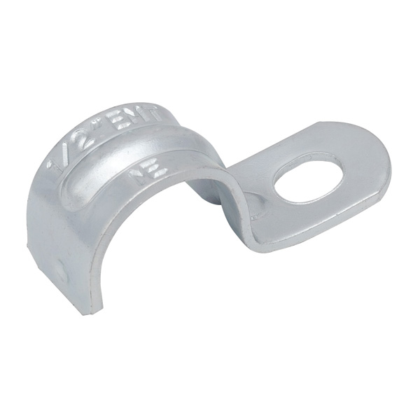 MADISON, 1 EMT 1-HOLE STRAP ONE HOLE EMT STRAP FOR SUPPORTING EMT CONDUIT, BRIGHT ZINC ELECTROPLATED, SNAP-ON FEATURE, REINFORCED RIB FOR ADDED STRENGTH BRIGHT ZINC ELECTROPLATED STEEL REINFORCED HOLES FOR EXTRA STENGTH 1/2