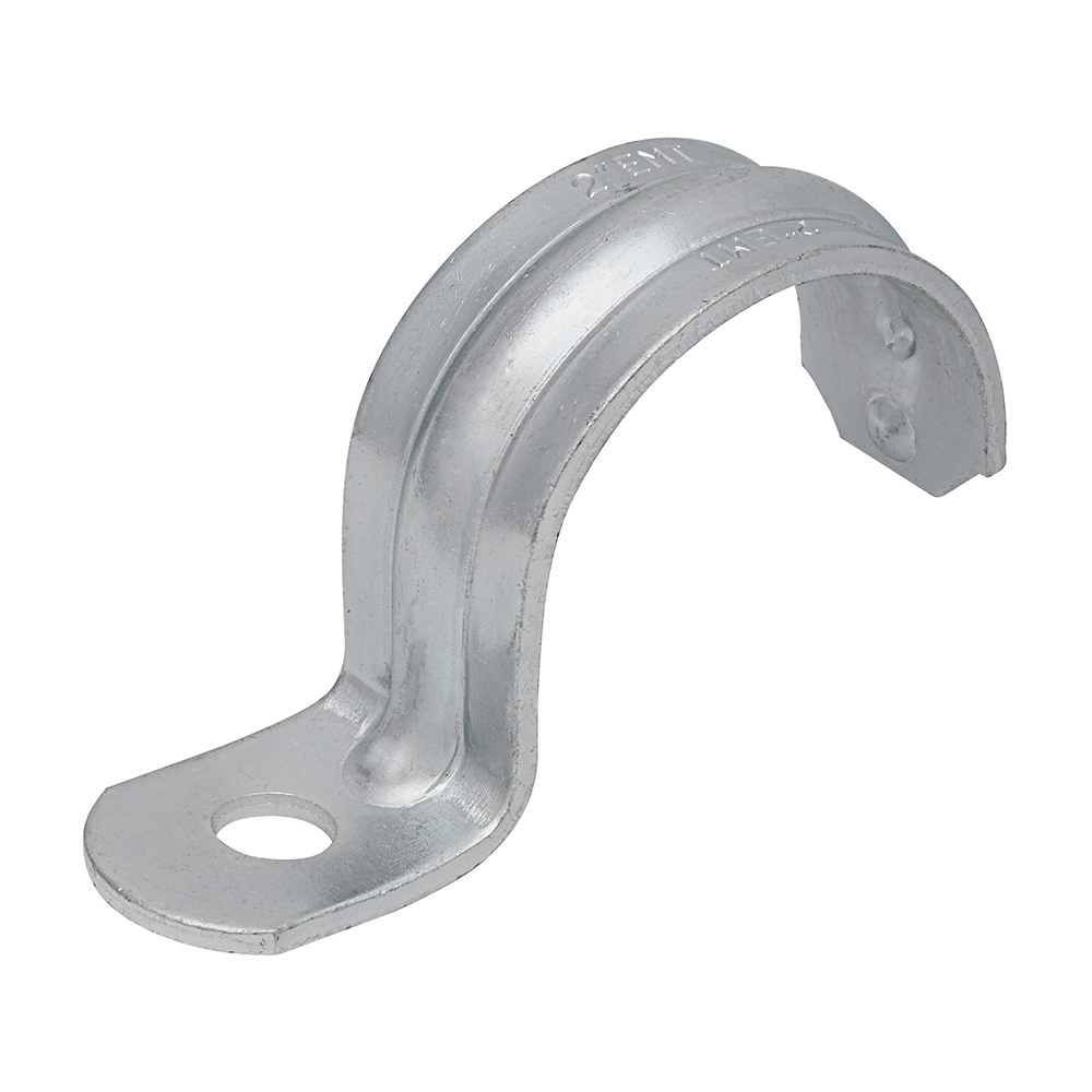 MADISON, 2-1/2 1-HOLE PIPE STRAP ONE HOLE EMT/RIGID STRAP FOR SUPPORTING EMT OR RIGID CONDUIT, BRIGHT ZINC ELECTRO- SNAP-ON FEATURE, REINFORCED RIB FOR ADDED STRENGTH BRIGHT ZINC ELECTROPLATED STEEL REINFORCED HOLES FOR EXTRA STRENGTH 1/2