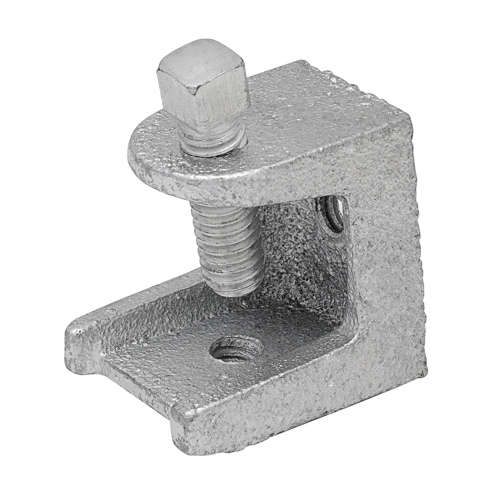 MADISON, 2 1/2 BEAM CLAMP  1/2" - 13 BEAM CLAMP THREADED HOLE  1/2" - 13 MALLEABLE - HARDENED SET SCREW JAW OPENING =  1-3/16" MALLEABLE IRON, SQUARE HEADED HARDENED STEEL BOLT SIDE AND BOTTOM TAPPED HOLES ZINC PLATED MAX. LOAD RATING - (200/LBS.)