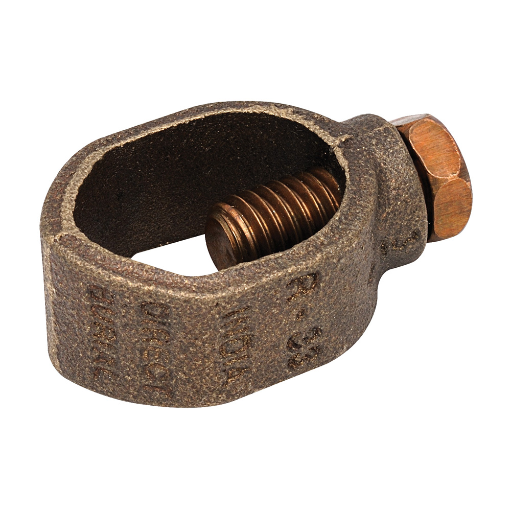 MADISON, 1/2 GROUND ROD CLAMP GROUND ROD CLAMP FOR GROUNDING A CONDUCTOR TO A DRIVEN GROUND ROD FOR GROUNDING A CONDUCTOR TO A DRIVEN GROUND ROD SUITABLE FOR DIRECT BURIAL, MEETS UL467 BRONZE CLAMP, 3/8 - 16 BOLT THREAD HEX HEAD BOLT CONDUCTOR RANGE #10 SOL - #2 STR