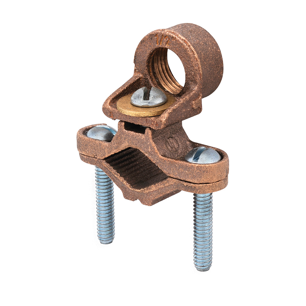 MADISON, 1/2 GRD FITTING-1/2 HUB PIPE GROUND CLAMP FOR GROUNDING RIGID CONDUIT TO METAL WATER PIPE FOR CONNECTING A GROUND CONDUCTOR IN RIGID CONDUIT TO STEEL WATER PIPE MEETS UL467 BRONZE CLAMP, STEEL SCREWS